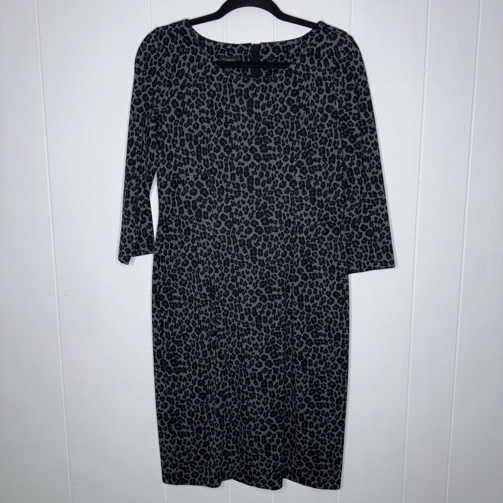 Talbots Women’s Leopard Print Sheath Dress Jersey Knit Gray 6